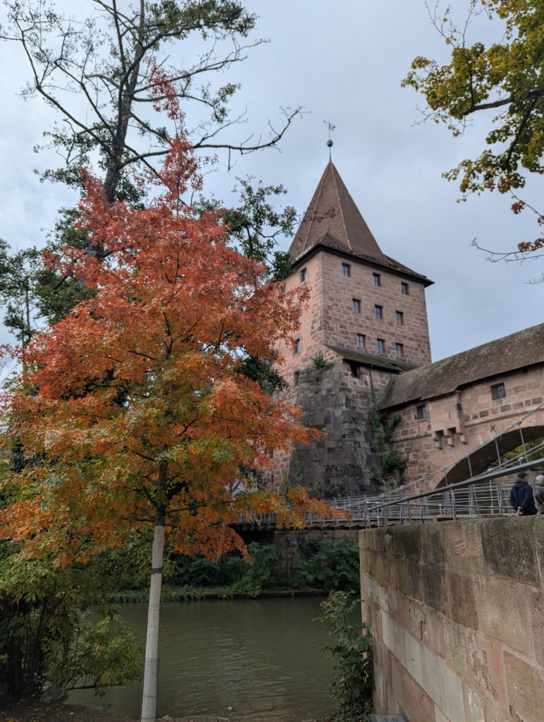 An autumn scene featuring a vibrant orange tree in the foreground, with a historic stone tower and a river in the background, under a cloudy sky.