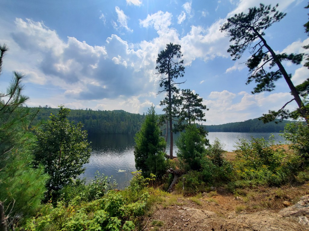 Scenic view of a calm lake surrounded by lush greenery and tall trees under a partly cloudy sky.
