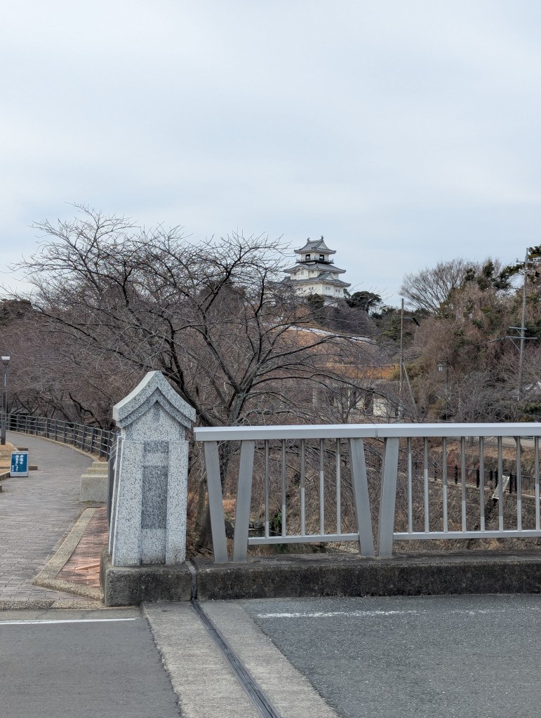 View of a bridge leading to a castle in the distance, surrounded by bare trees under a cloudy sky.