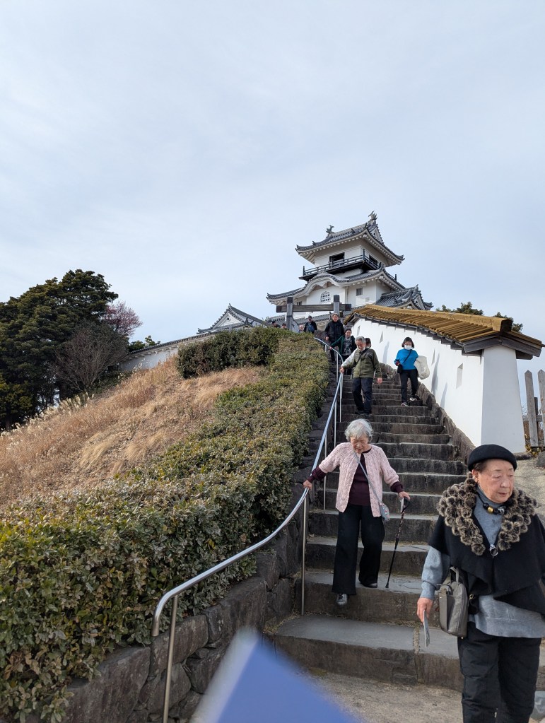 Visitors ascending and descending stone steps leading to a traditional Japanese castle, surrounded by greenery and soft hills, under a cloudy sky.