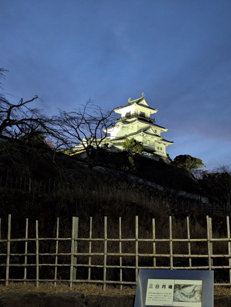 A view of a traditional Japanese castle illuminated against a twilight sky, with bare trees and a bamboo fence in the foreground.